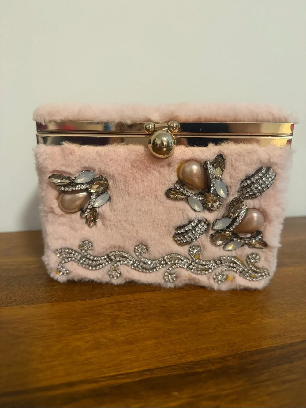 Embellished Pink Faux Fur Evening Clutch with Gold-Tone Frame